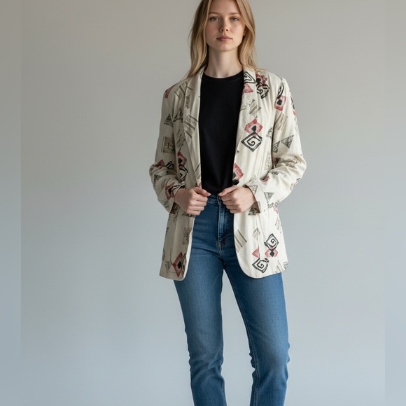 Dress Barn Jackets & Blazers - Vtg Dress Barn Abstract Print Draped Blazer Womens M Neutral Beige Boho Artsy